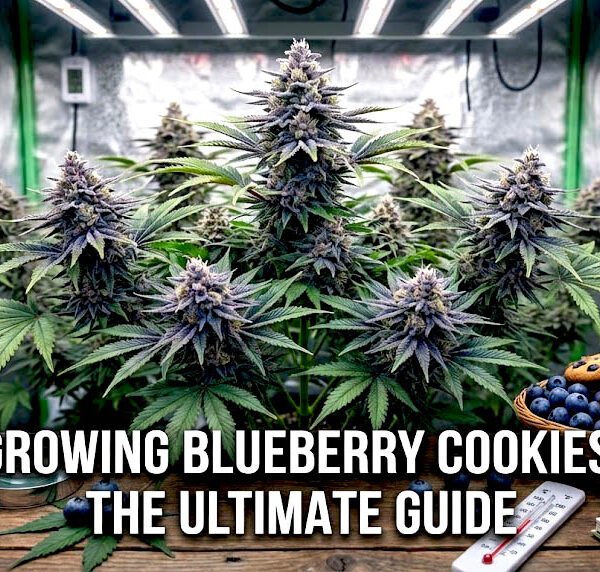 Mature Blueberry Cookies cannabis plants with deep purple buds growing in an indoor tent, featuring a rustic table with blueberries, cookies, and cultivation tools for a grow guide.