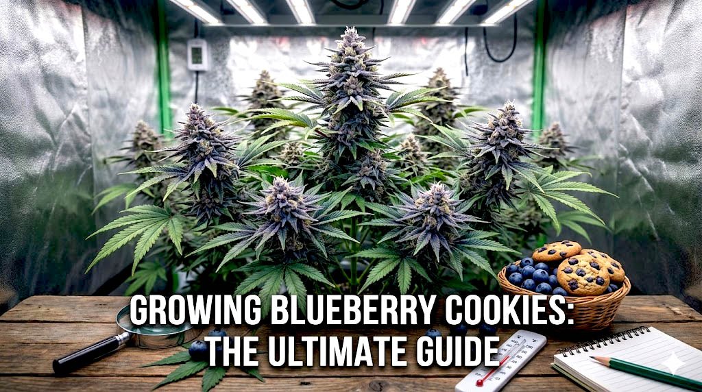 Mature Blueberry Cookies cannabis plants with deep purple buds growing in an indoor tent, featuring a rustic table with blueberries, cookies, and cultivation tools for a grow guide.