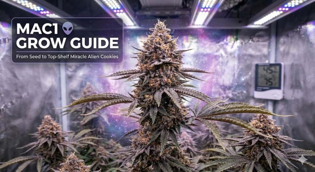 A frosty, resinous MAC1 (Miracle Alien Cookies) cannabis bud growing under LED lights in an indoor grow tent, featuring the text "MAC1 Grow Guide."