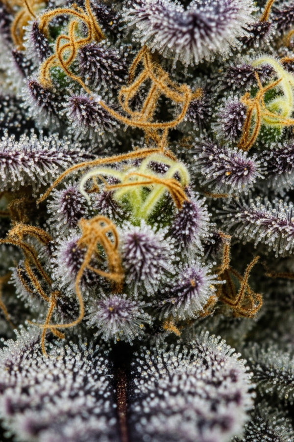 A macro shot of a resin-drenched Blackberry Moonrocks cannabis bud showing deep purple hues and crystalline trichomes.